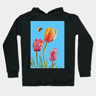 Tulip Flower Watercolor Painting and Bee on Blue Hoodie